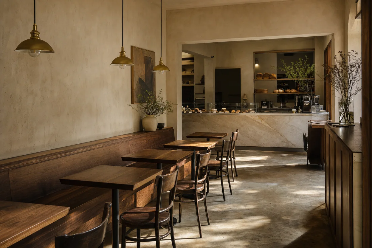 Warm cream and walnut bakery dining room